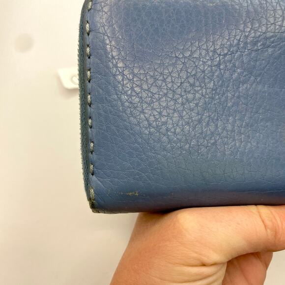 Fendi Romano Selleria Zip Around Wallet Continental Blue Calfskin Thick Stitches - Picture 8 of 15